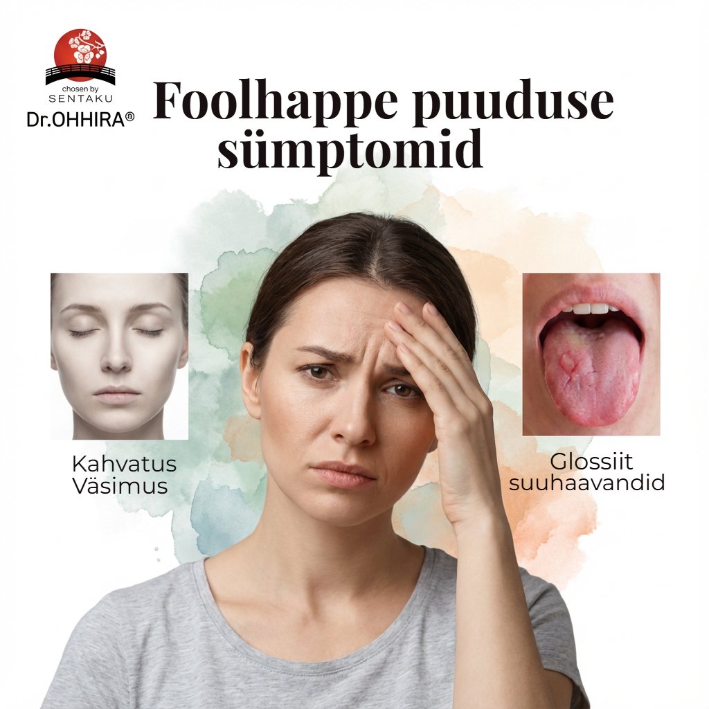 Pilt foolhappe puuduse sümptomitest: väsinud naine, kahvatus, väsimus ja suuhaavandid.