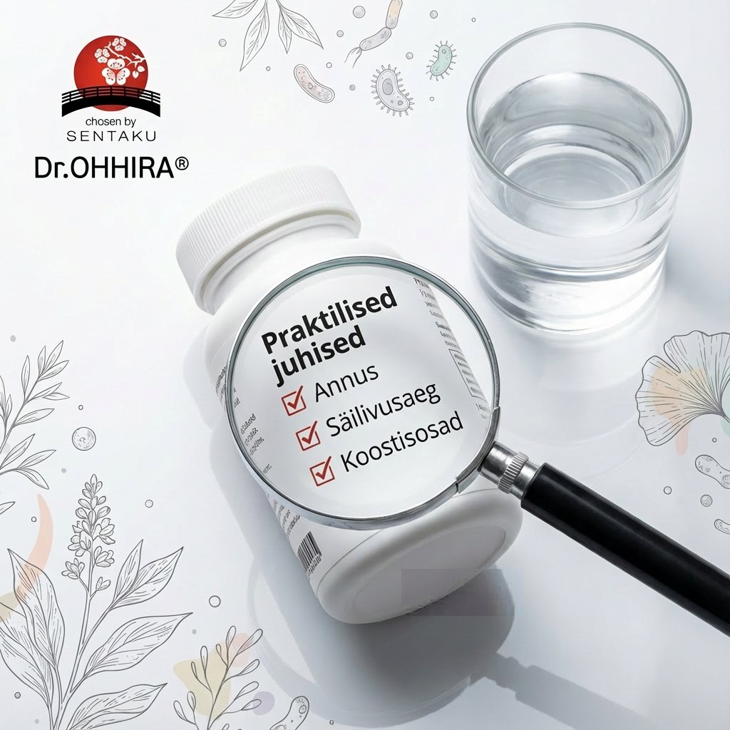 Valge pudel Dr.OHHIRA® toidulisandiga, luup tekstiga "Praktilised juhised", klaas vett ja taimejoonistused.