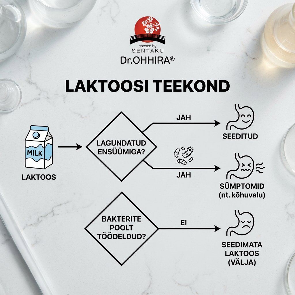 Infograafik laktoosi teekonnast organismis, mis näitab seedimist ja talumatuse sümptomeid.