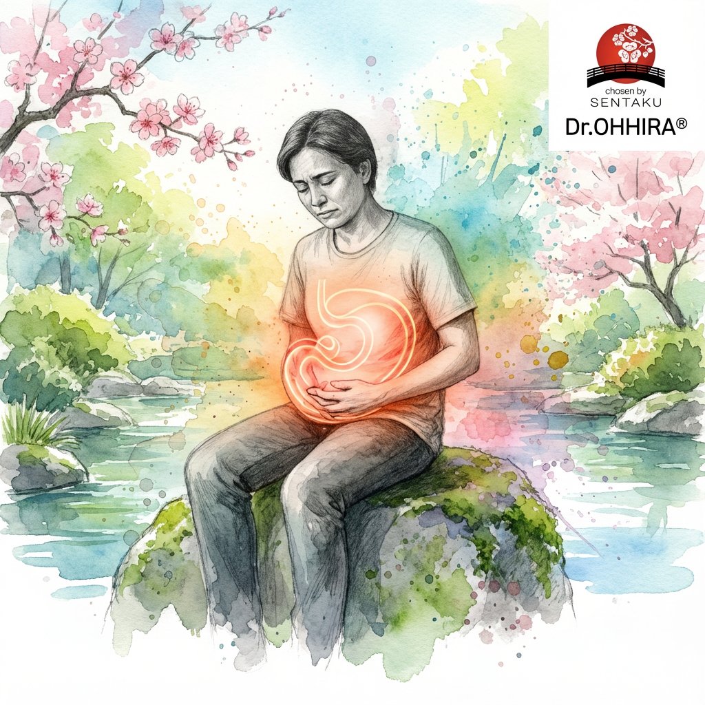 Akvarellmaal naisest, kes istub looduses ja hoiab kõhtu, sümboliseerides valu.