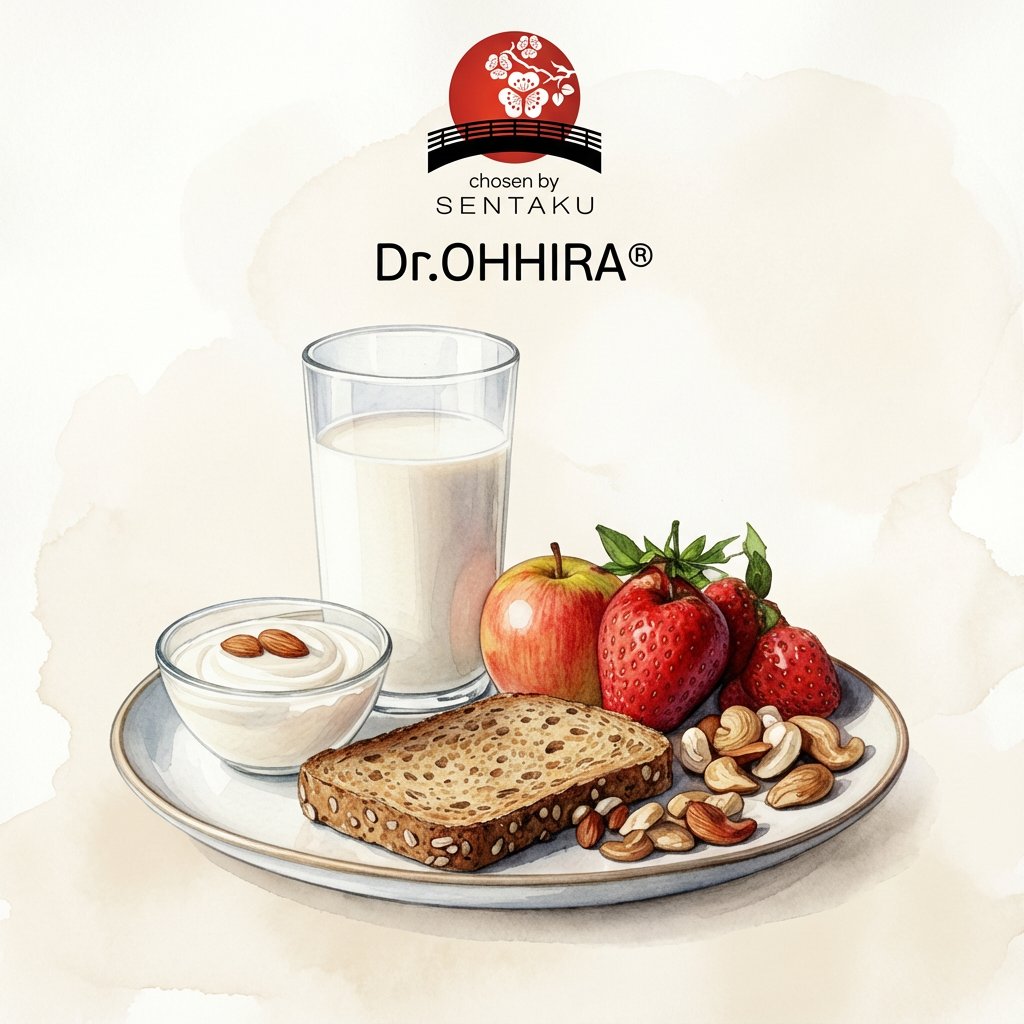 Taldrikul on piim, jogurt mandlitega, täisteraleib, õun, maasikad ja pähklid. Taustal logo.