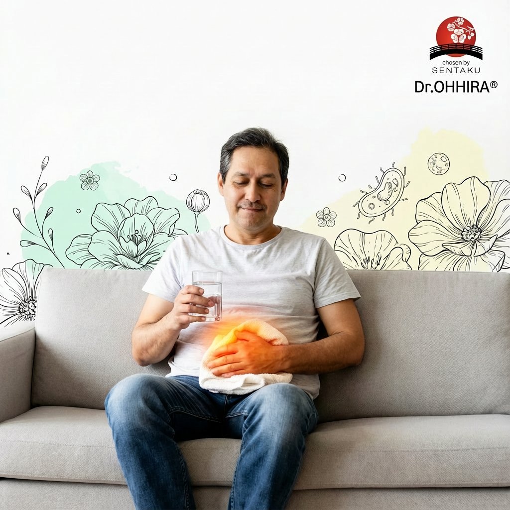 Mees diivanil hoiab klaasi vett ja rätikut kõhul, mis helendab punaselt. Ta vaatab rahulikuna alla.