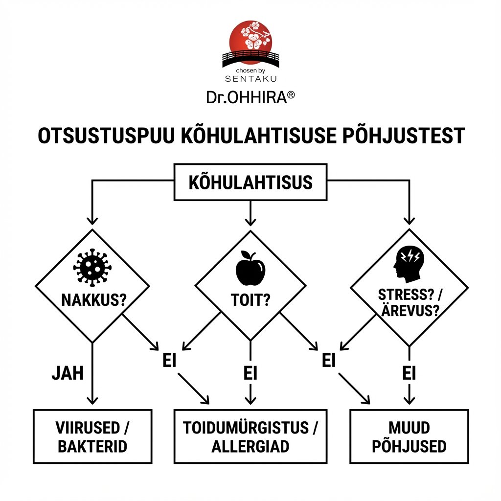 Otsustuspuu kõhulahtisuse põhjuste diagnoosimiseks. Küsimused nakatumise, toidu ja stressi kohta viivad erinevate diagnoosideni.