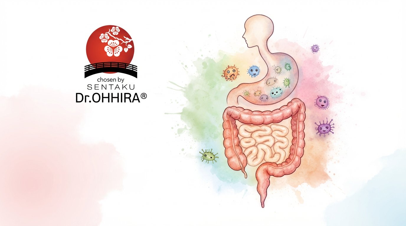 Dr. OHHIRA -logo ja kuva ihmisen ruoansulatusjärjestelmästä mikrobien kera.