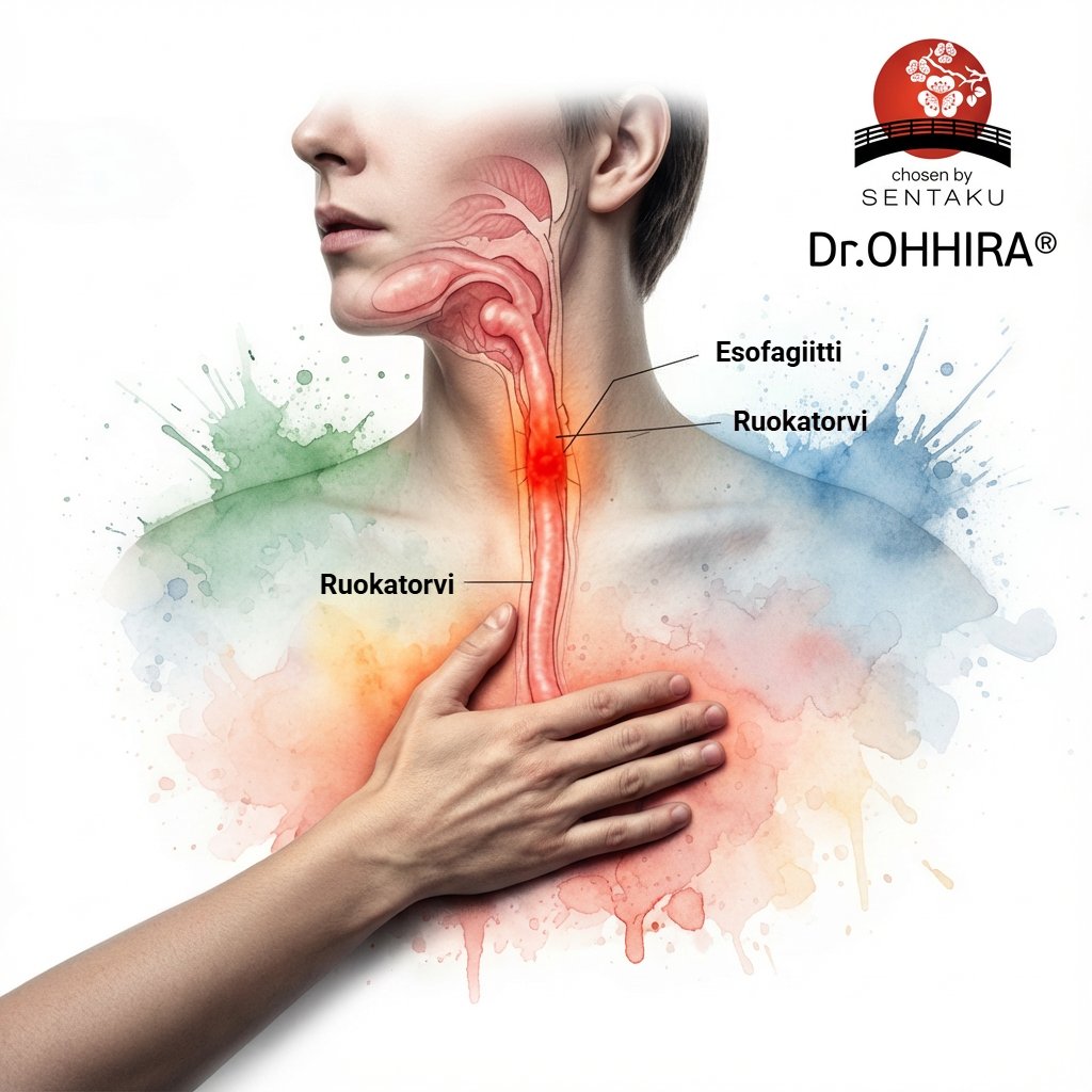 Kuvassa näkyy ihmisen ylävartalo ja kaula, korostaen tulehtunutta ruokatorvea ja sen anatomiaa.