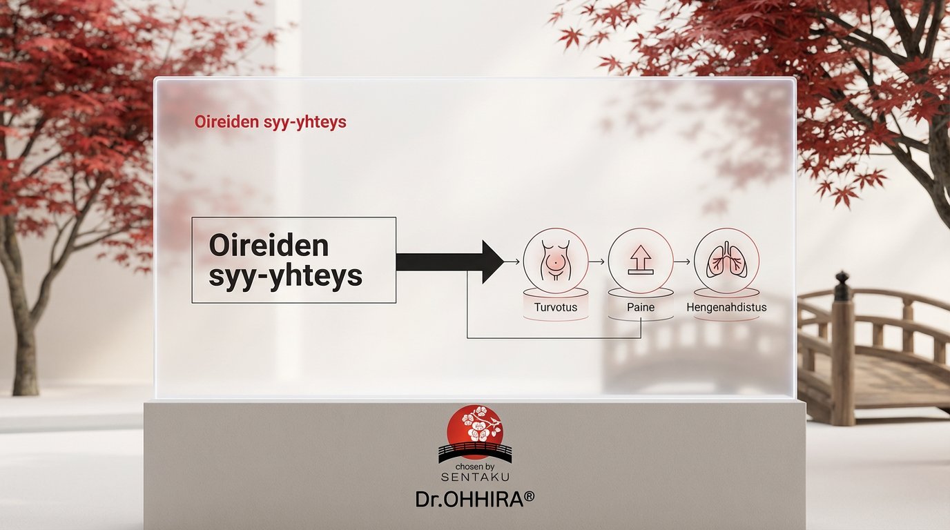 Kaavio näyttää oireiden syy-yhteyden, jossa turvotus aiheuttaa painetta ja hengenahdistusta.