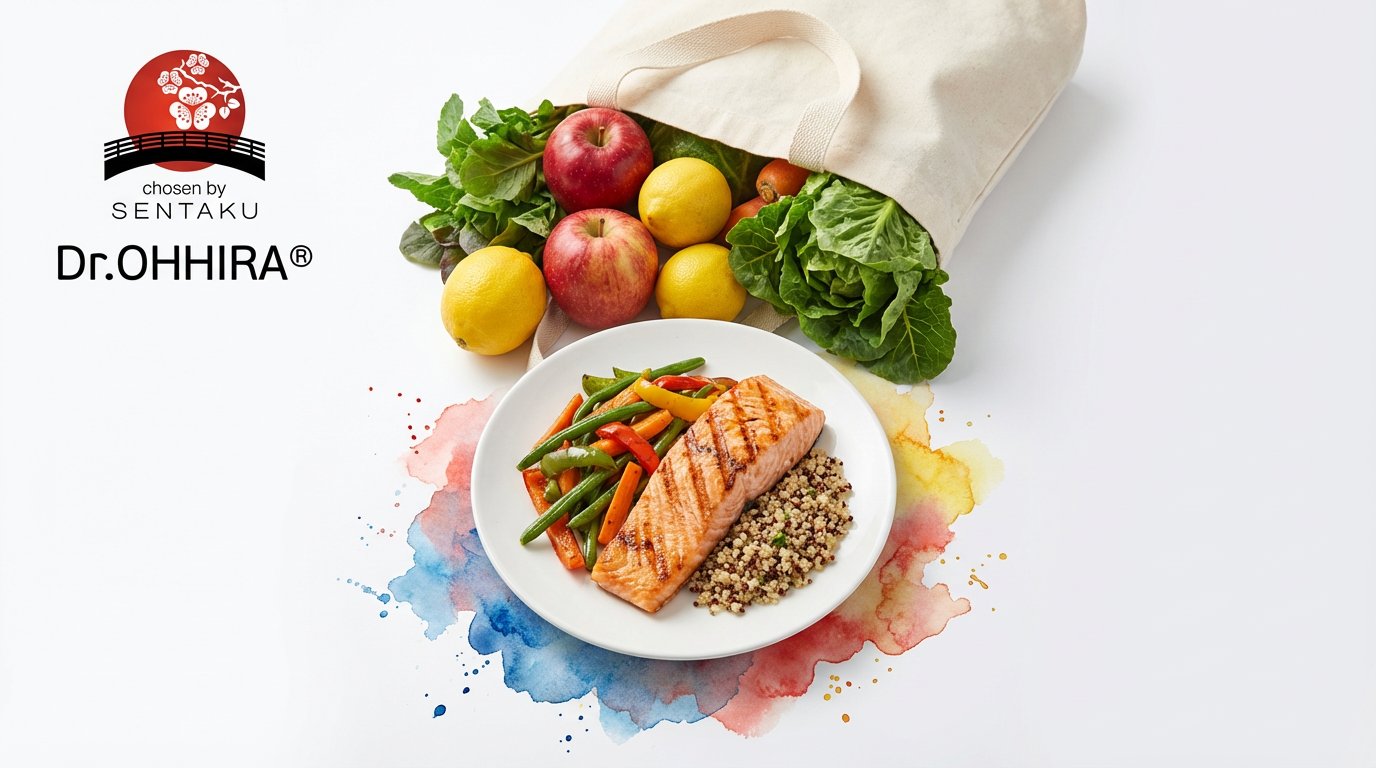 Lautasella grillattua lohta, kasviksia ja kvinoaa. Taustalla ostoskassi täynnä tuoreita hedelmiä ja vihanneksia, ja Dr. OHHIRA® -logo.