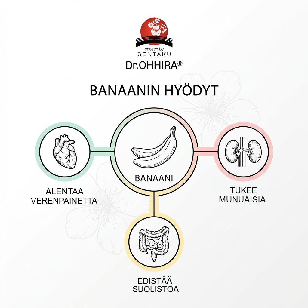 Infografiikka banaanin terveyshyödyistä: alentaa verenpainetta, tukee munuaisia ja edistää suolistoa.