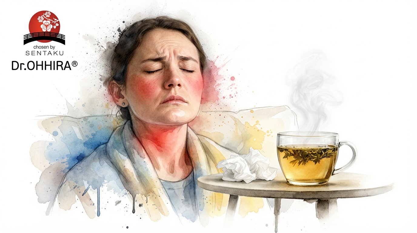 Vesivärityylinen kuva sairaasta naisesta, jolla on punaiset posket ja kurkku, höyryävä teekuppi ja nenäliinoja.