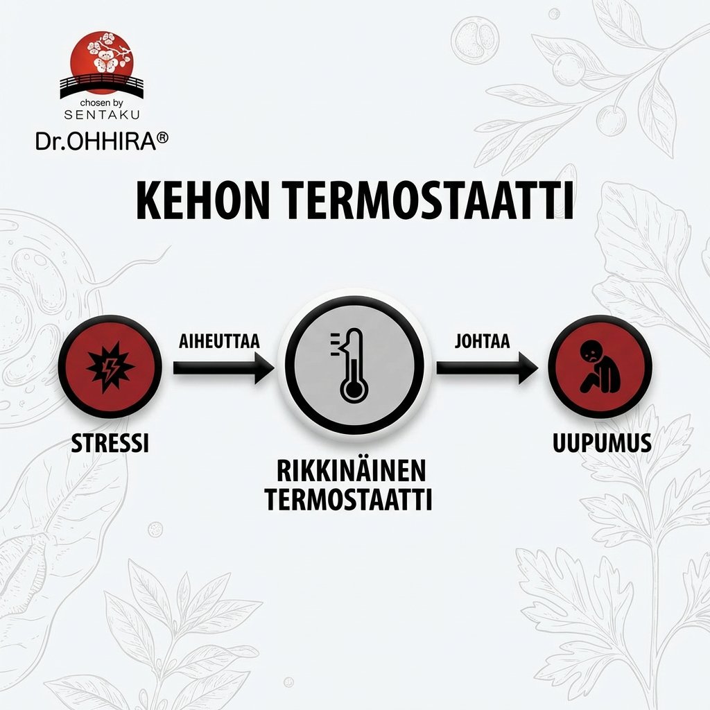 Kaavio: Stressi aiheuttaa rikkoutuneen termostaatin, mikä johtaa uupumukseen.