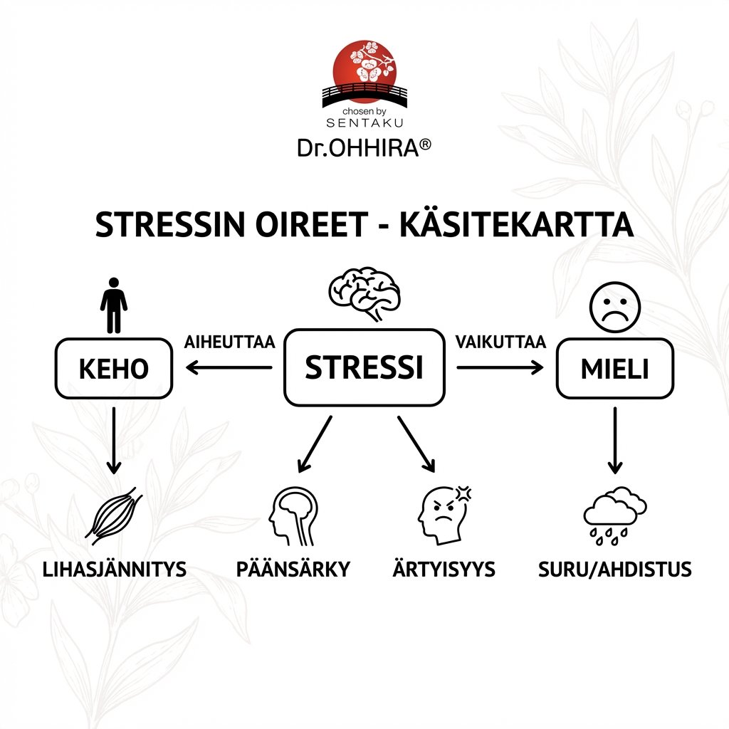 Käsitekartta näyttää stressin oireita ja sen vaikutusta kehoon ja mieleen.