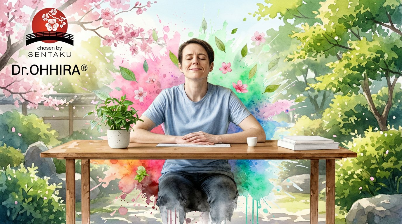 Kuvassa rento henkilö meditointihetkellä kukka- ja viherkuvituksen keskellä puupöydän ääressä. Logot vasemmassa yläkulmassa.