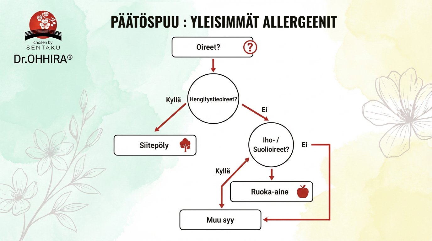 Päätöspuu näyttää yleisimmät allergeenit, jaottelemalla oireet hengitys-, iho- ja suolisto-oireisiin tunnistaen siitepölyn, ruoka-aineet tai muun syyn.