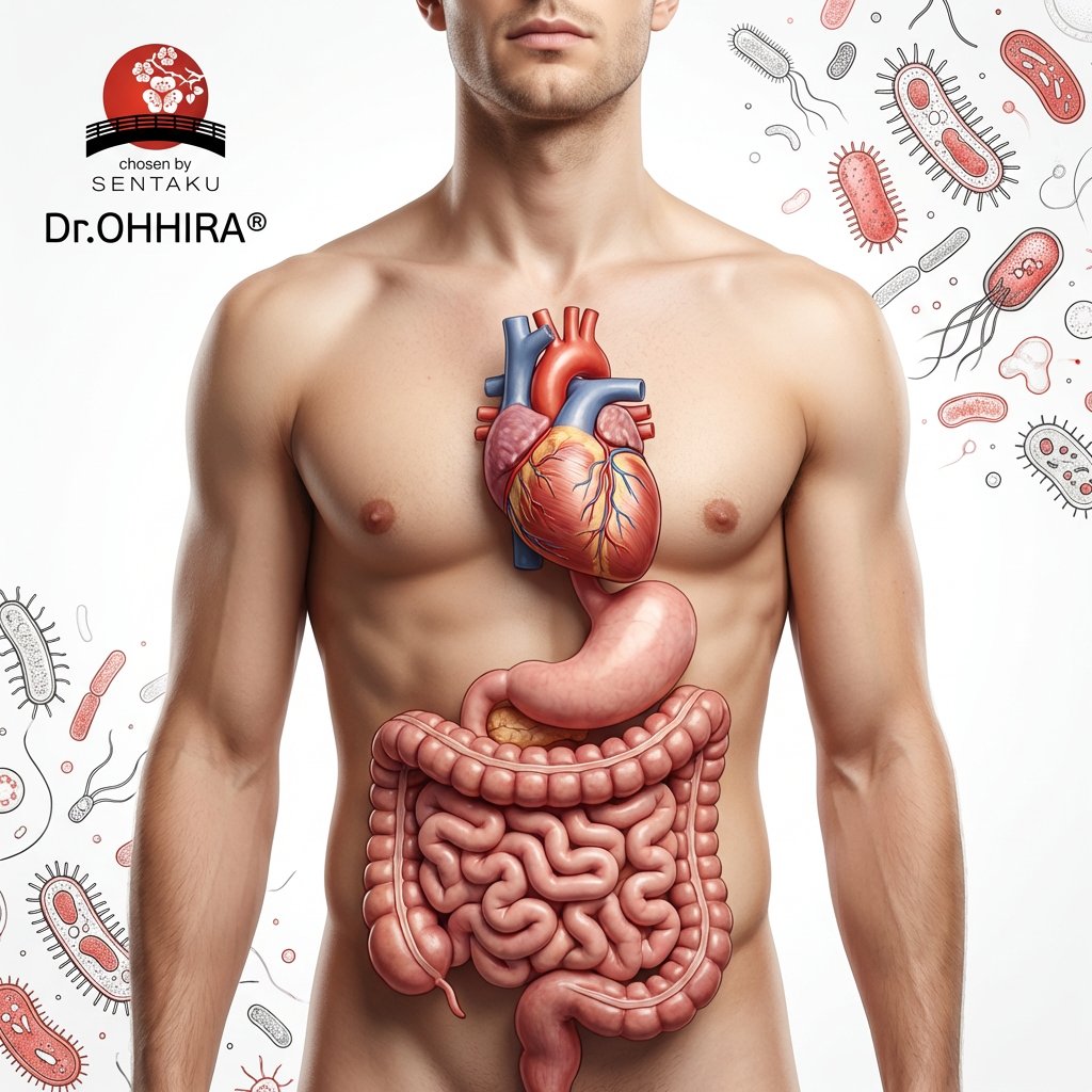 Kuva miehestä, jonka kehossa näkyvät sydän, ruoansulatusjärjestelmä ja mikrobeja.