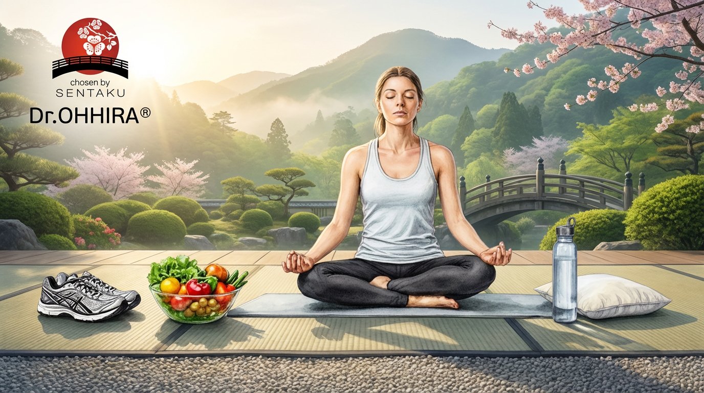 Nainen meditoi rauhallisessa japanilaisessa puutarhassa, ympärillään terveellisiä elämäntapoja.