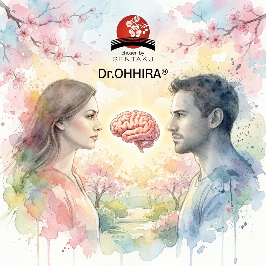 Mies ja nainen katsovat aivoja, Dr.OHHIRA-logon yläpuolella, akvarellityyliin kirsikankukkien ympäröimänä.