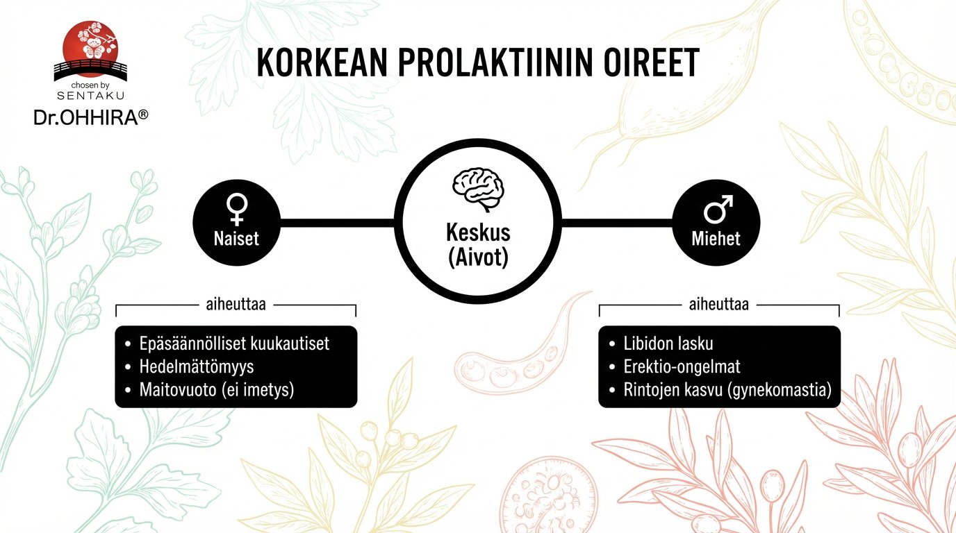 Infografiikka kuvaa korkean prolaktiinin oireita naisilla ja miehillä, lähtien aivoista. Sisältää listat tyypillisistä oireista.