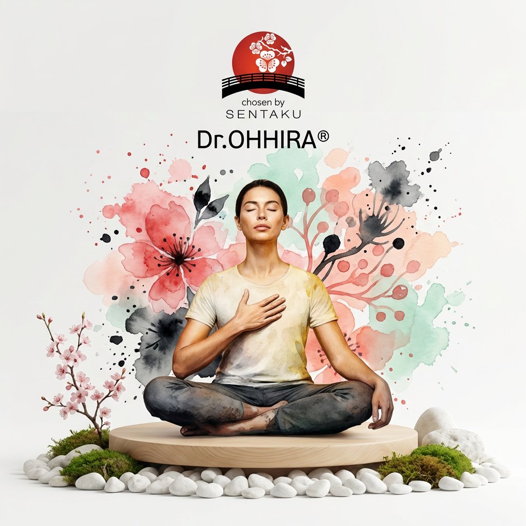 Nainen meditoi lootusasennossa luonnon elementtien ja vesivärikukkien ympäröimänä. Brändilogo ylhäällä.