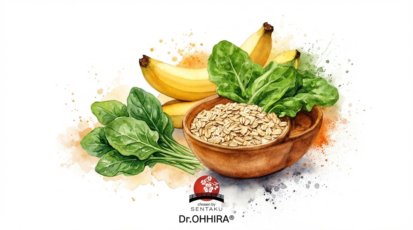 Vesivärimaalaus banaaneista, pinaatista ja kulhollisesta kaurahiutaleita valkoisella pohjalla. Kuvan alaosassa on 'Dr. OHHIRA' -logo.