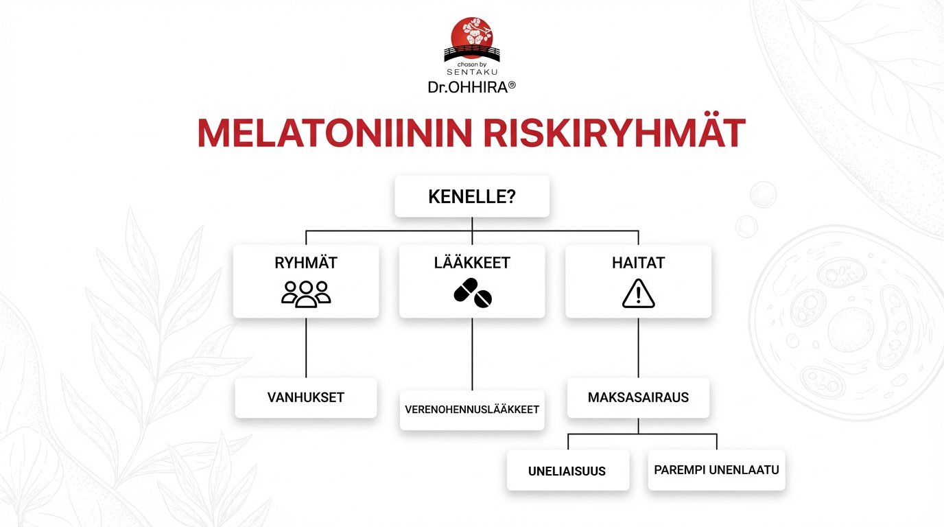 Vuokaavio esittää melatoniinin riskiryhmät, yhteisvaikutukset lääkkeiden kanssa ja haitat, kuten maksasairaudet.