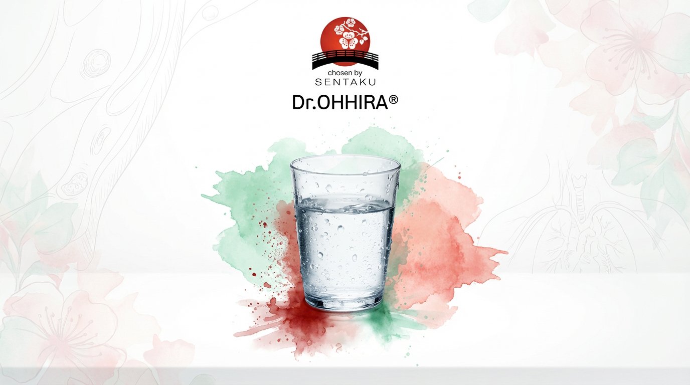 Lasillinen vettä keskellä, taustalla vihreää ja punaista akvarelliroisketta sekä Dr.OHHIRAN logo.