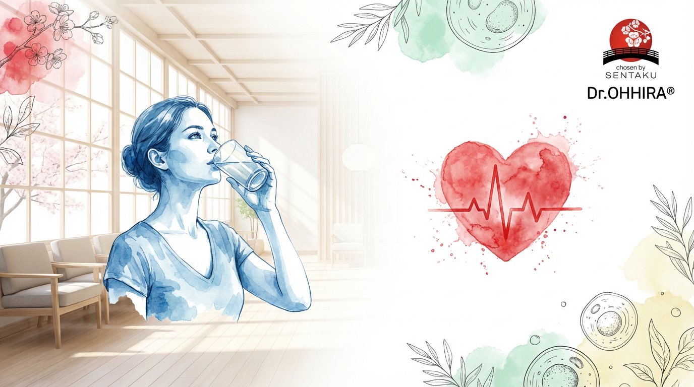 Nainen juo vettä rauhallisessa huoneessa. Kuvassa on myös sydänkäyrä, Dr.OHHIRA®-logo ja kasvielementtejä.