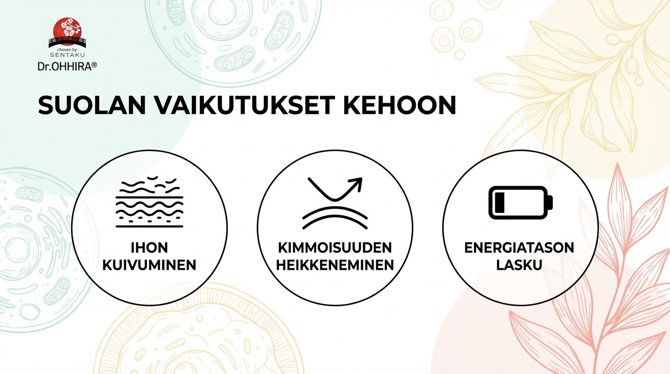 Kuvassa on otsikko 'Suolan vaikutukset kehoon' ja kolme symbolia: ihon kuivuminen, kimmoisuuden heikkeneminen ja energiatason lasku.