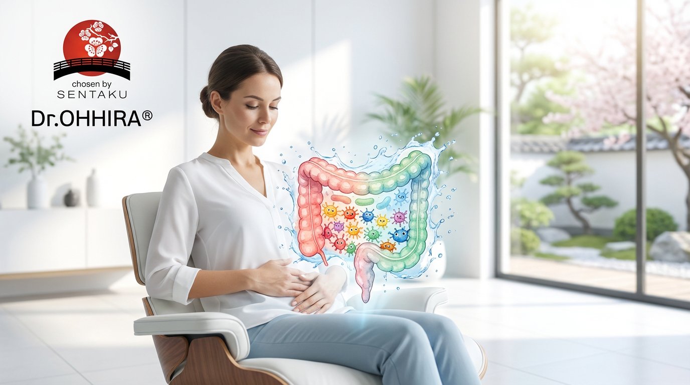 Nainen istuu rauhallisesti, kuvitus suolistosta ja probiooteista hehkuu vatsan päällä, edistäen hyvinvointia.