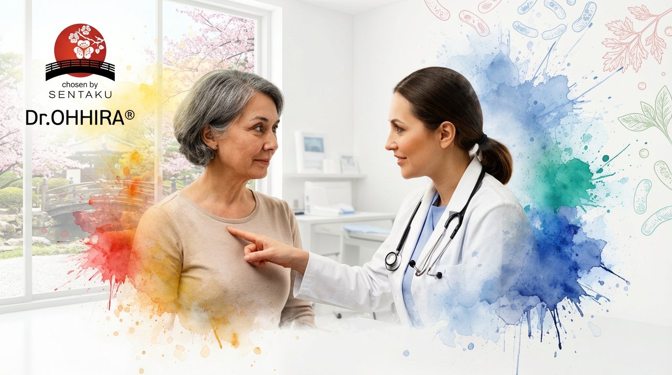 Lääkäri keskustelee potilaan kanssa, joka osoittaa rintaansa. Taustalla näkyy japanilainen puutarha.