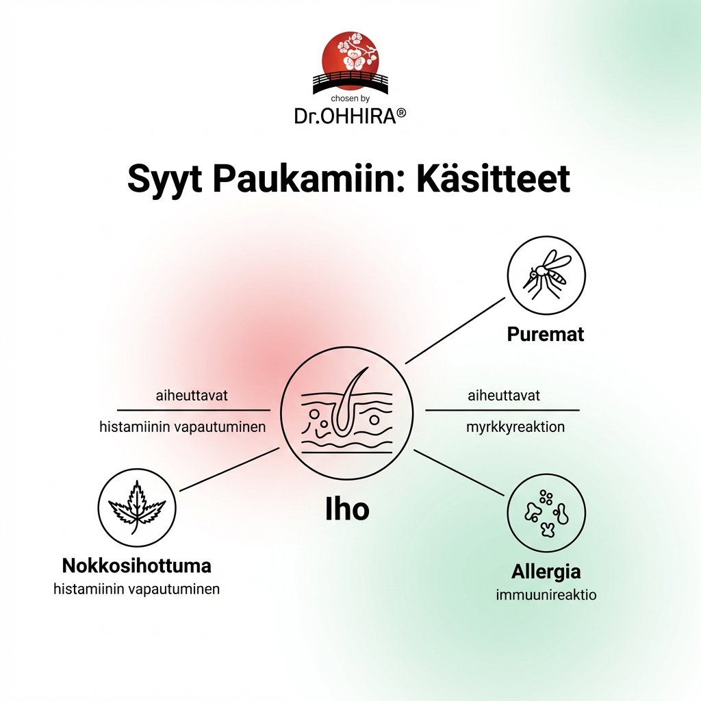 Diagrammi syistä paukamiin: iho, nokkosihottuma, puremat ja allergia selityksineen.