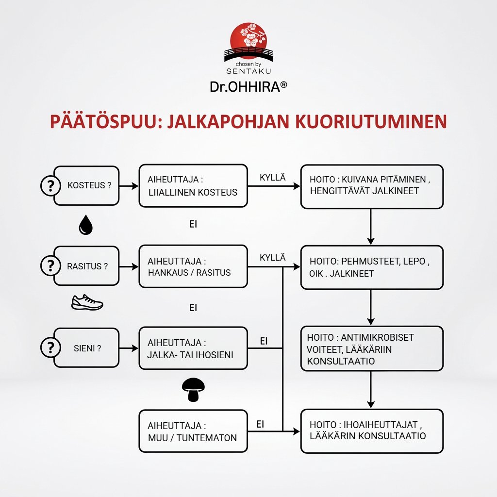Päätöspuu kuvaa jalkapohjan kuoriutumisen syitä (kosteus, rasitus, sieni) ja hoitovaihtoehtoja.
