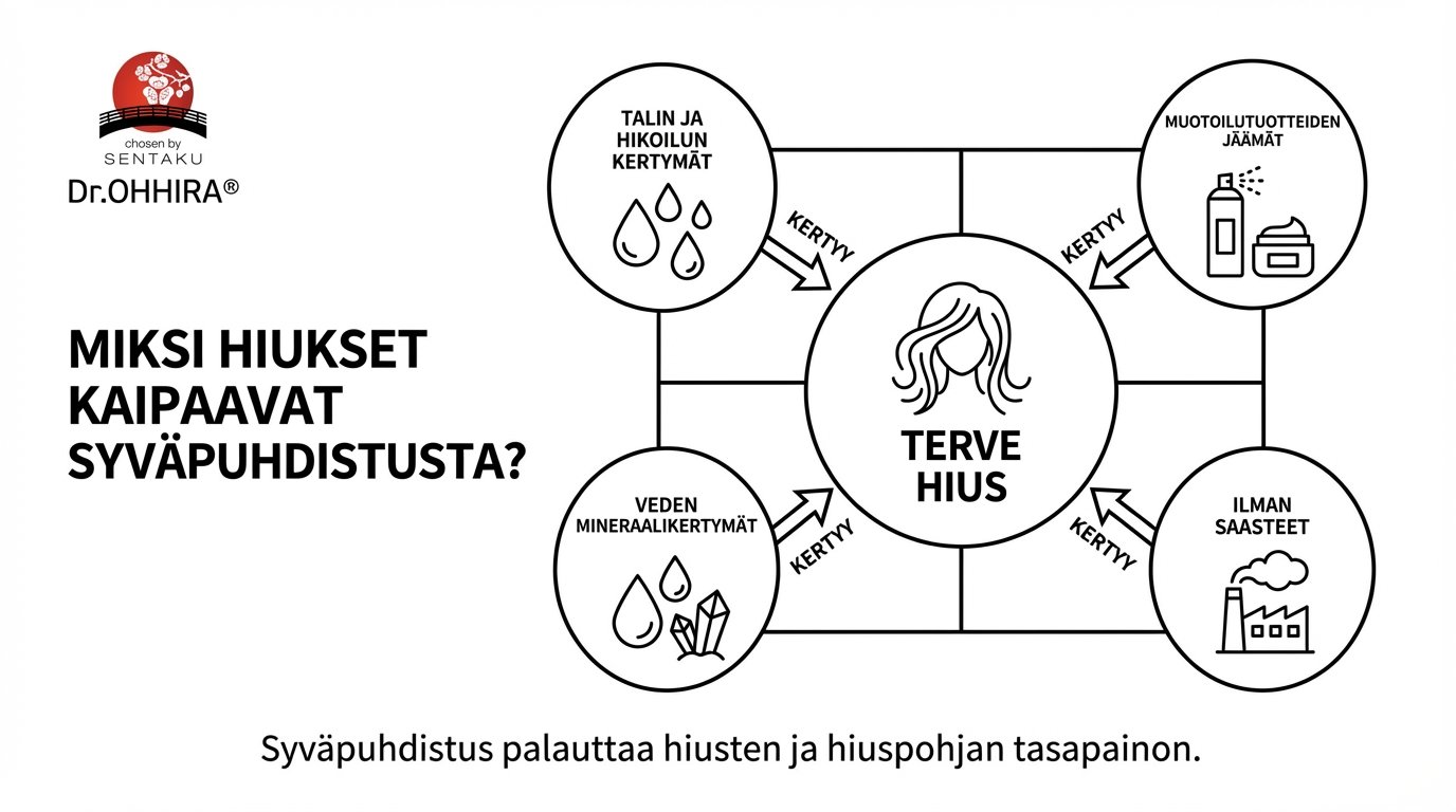 Kaavio selittää, miksi hiukset tarvitsevat syväpuhdistusta, listaten kertyvät epäpuhtaudet ja niiden vaikutukset.