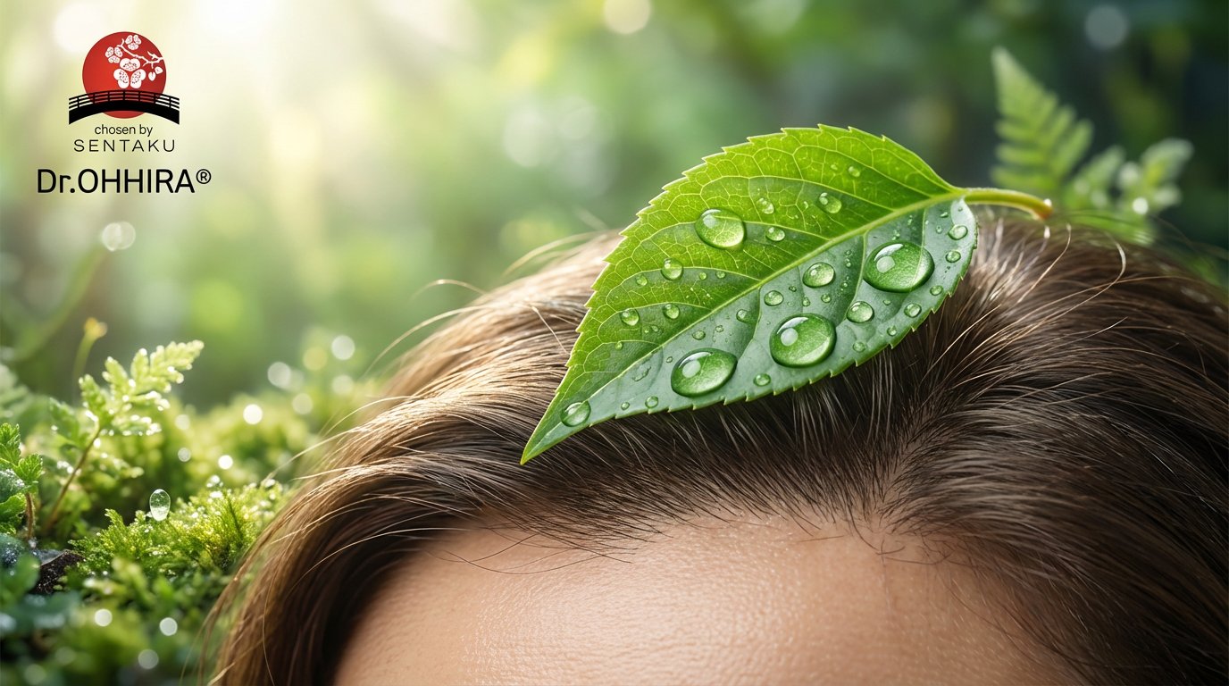 Vihreä lehti vesipisaroilla lepää hiusten päällä luonnollisessa, raikkaassa ympäristössä, jossa on Sentaku Dr.OHHIRA® -logo.