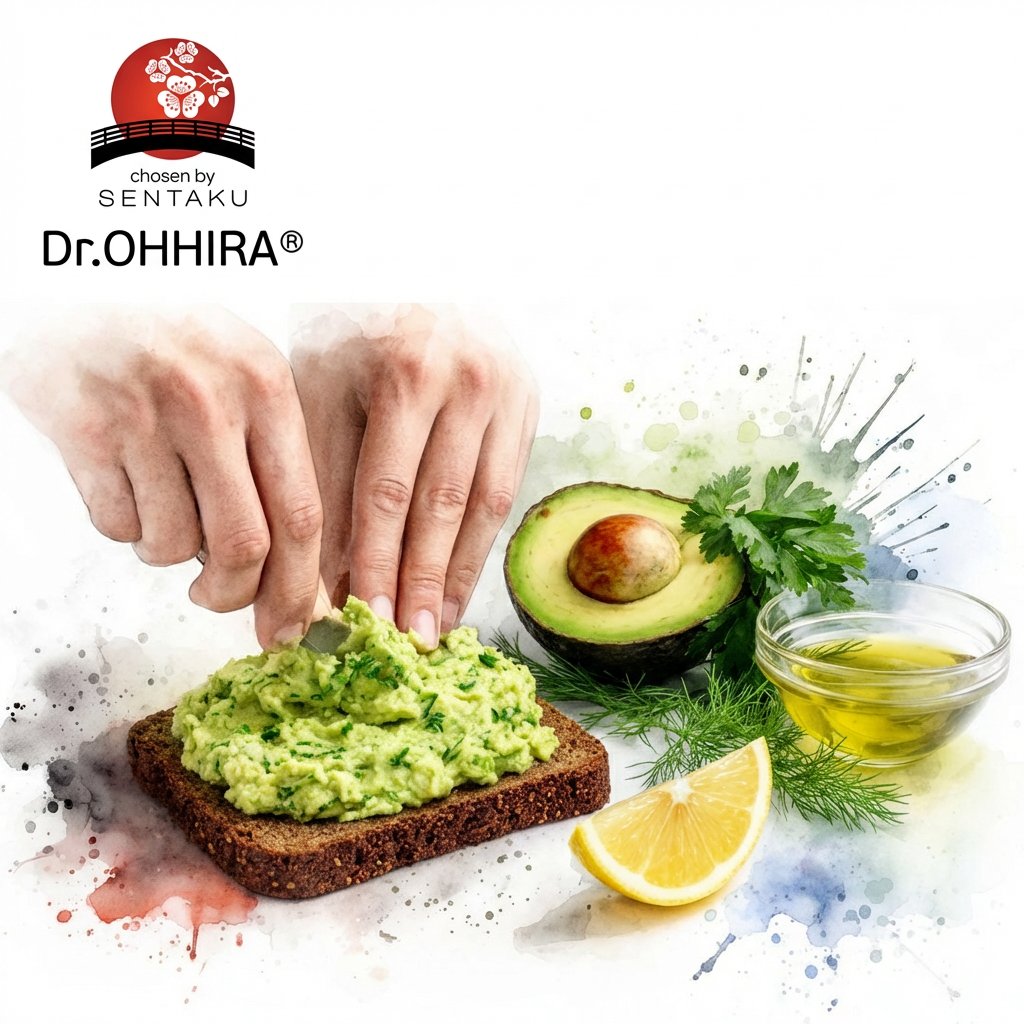 Kädet levittävät avokadoa tummalle leivälle. Kuva sisältää avokadoa, sitruunaa, yrttejä ja öljyä.