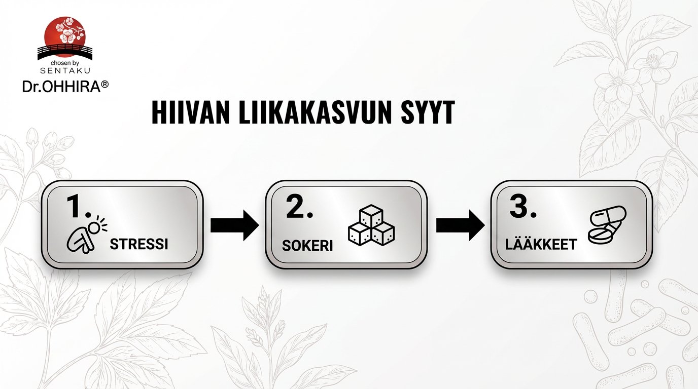 Kuva esittää hiivan liikakasvun kolme pääsyytä: stressi, sokeri ja lääkkeet Dr.OHHIRA®-logolla.