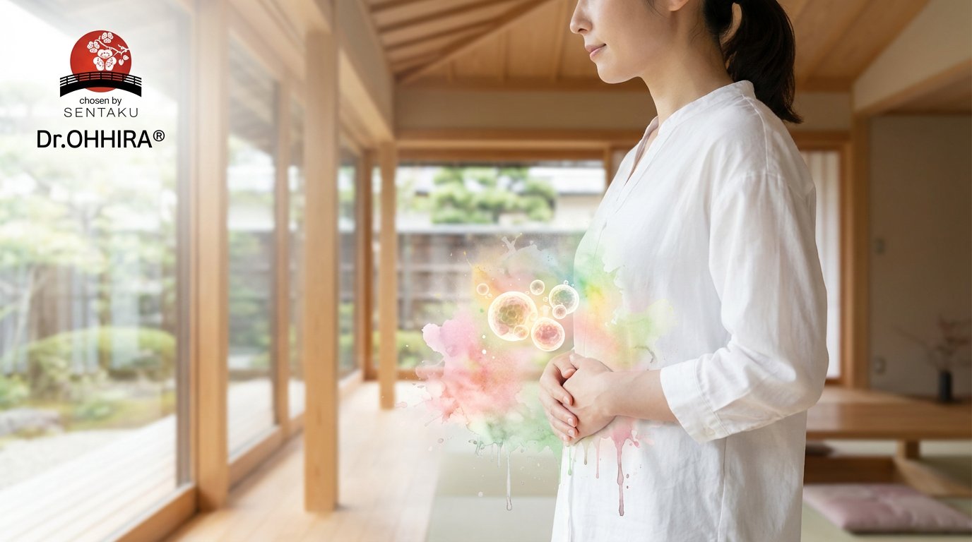 Nainen pitelee vatsaansa, jossa näkyy värikkäitä roiskeita ja soluja. Taustalla japanilainen puutarha.