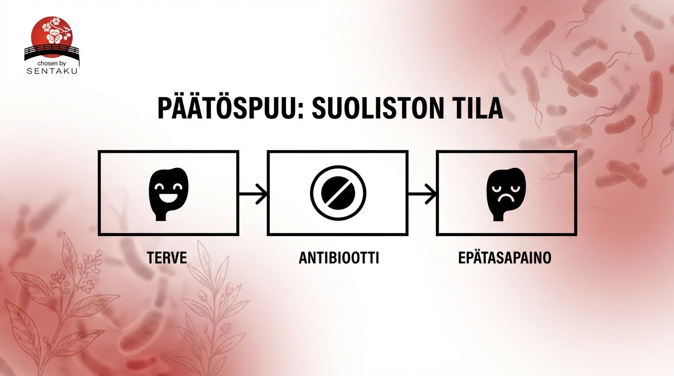 Kaavio: Antibiootit muuttavat suoliston tilan terveestä epätasapainoiseksi. Kuvaa suoliston tilaa ja vaikutusta.