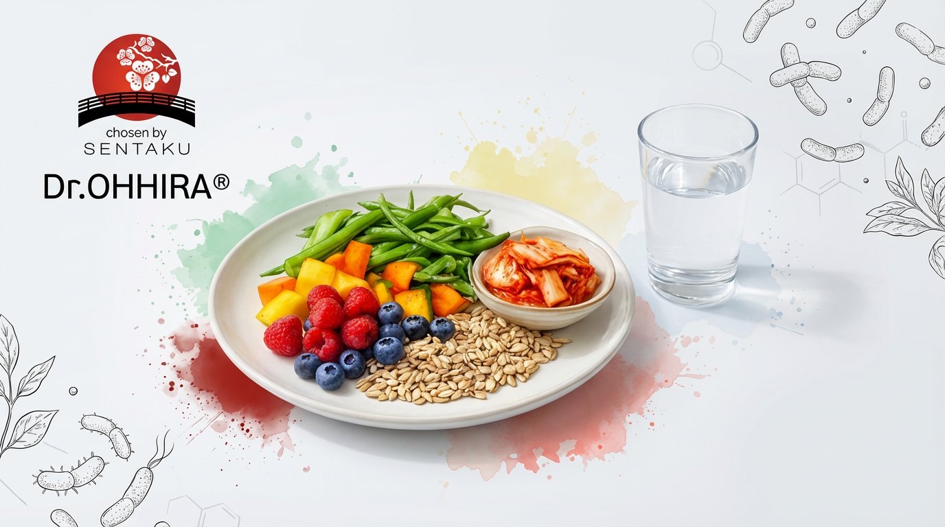 Lautanen terveellisiä ruokia, kuten marjoja, kasviksia, kimchiä ja vettä, Dr. OHHIRA® -logon kera.