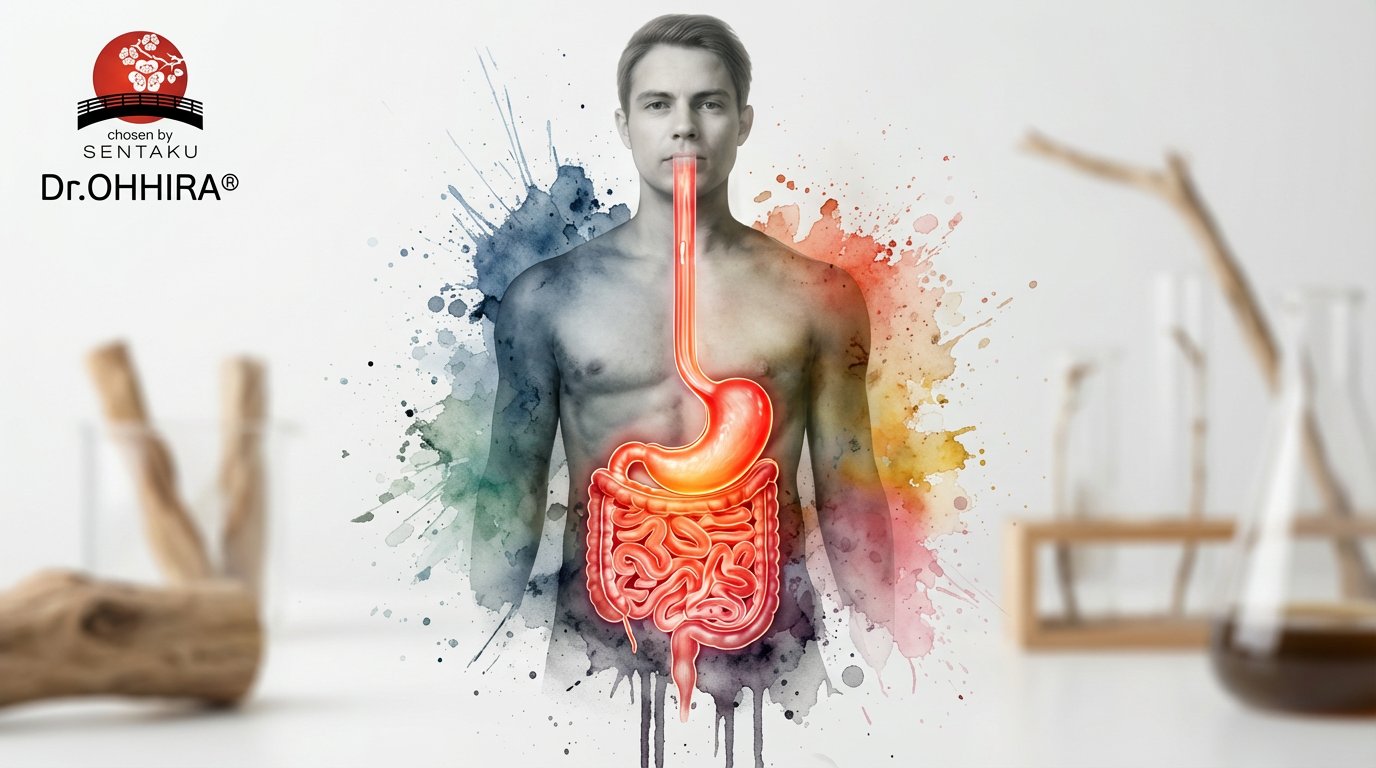 Kuva miehestä, jonka ruoansulatusjärjestelmä on korostettu. Taustalla vesiväriroiskeita ja Dr. OHHIRA® -logo.