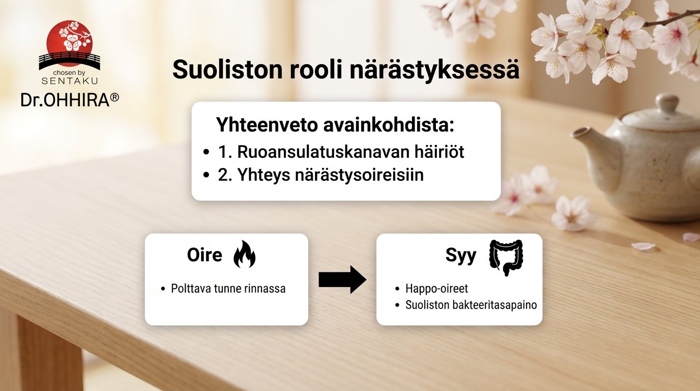 Infografiikka selittää suoliston roolin närästyksessä, sen oireet ja syyt, kuten suoliston bakteeritasapainon.