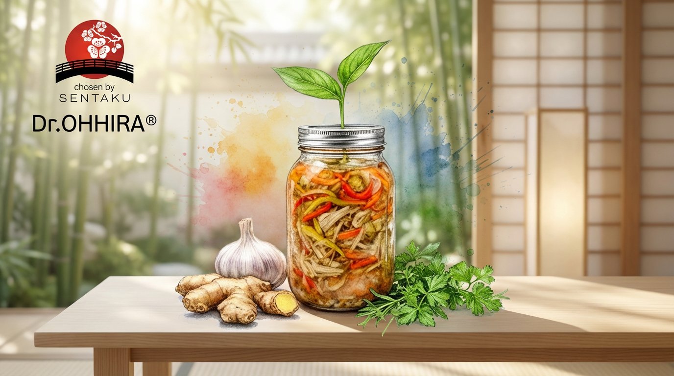 Purkki fermentoituja kasviksia, inkivääriä, valkosipulia ja yrttejä puisella pöydällä. Taustalla bambua ja logo.