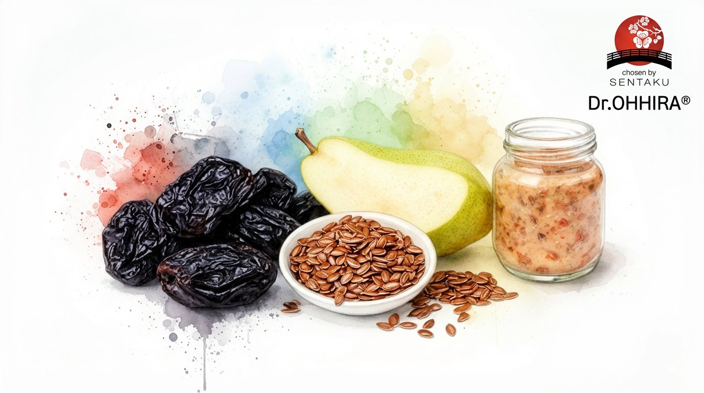 Luumuja, pellavansiemeniä, päärynän puolikas ja purkki seosta vesiväritaustalla.