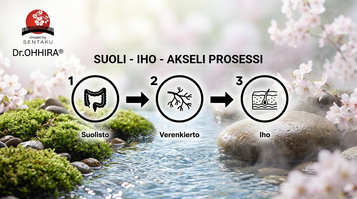 Kuva esittää Dr.OHHIRA® Suoli-Iho-Akseli prosessin, jossa suolisto, verenkierto ja iho ovat yhteydessä toisiinsa.
