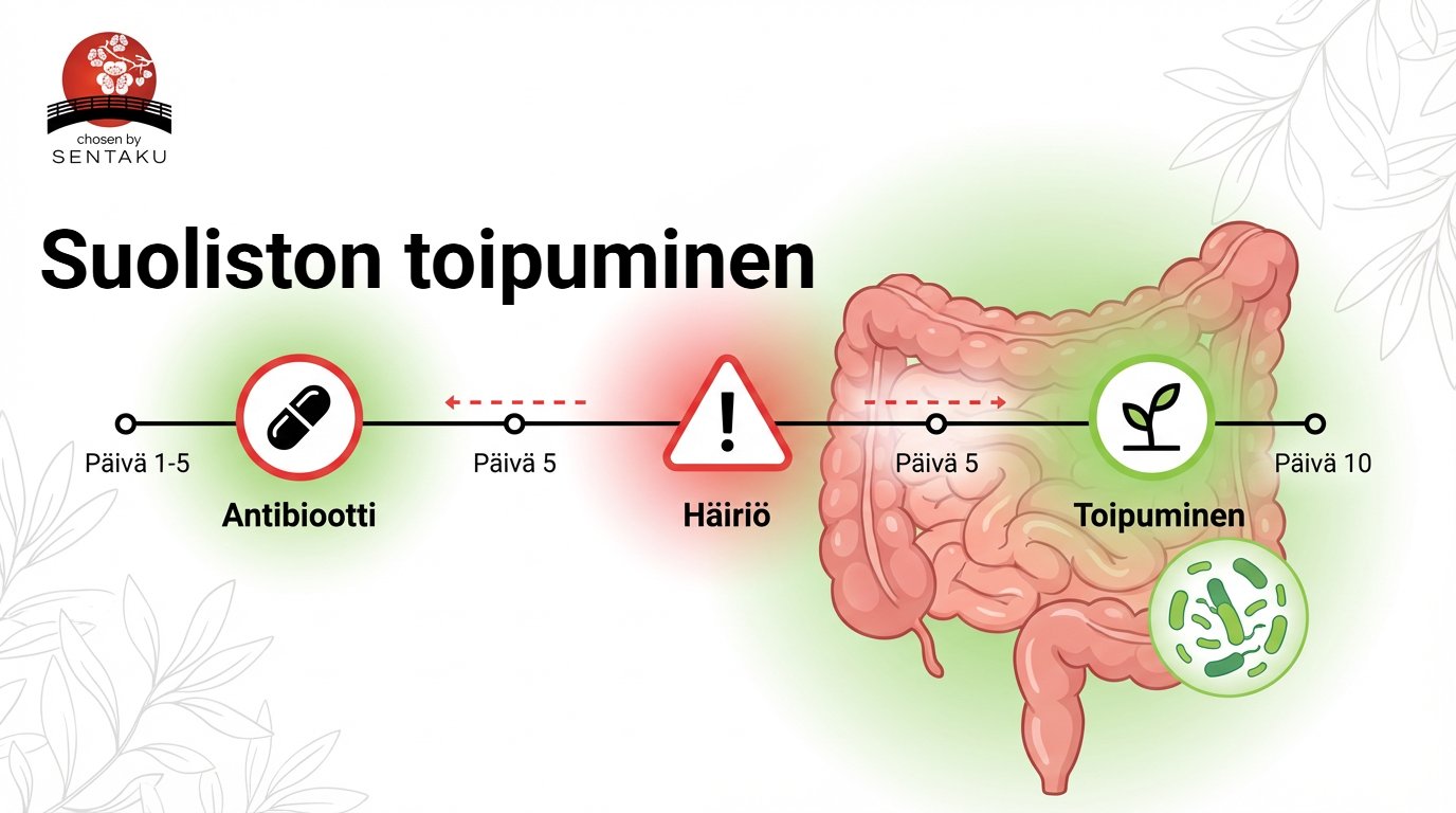 Kuvassa aikajana antibioottikuurin vaikutuksista suoliston toipumiseen ja maitohappobakteerien palautumiseen.