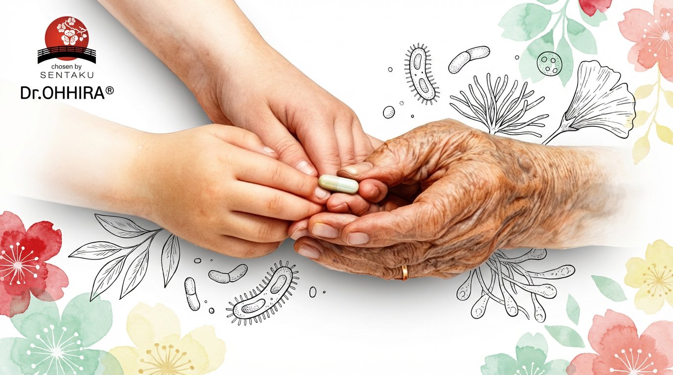 Nuoren ja iäkkään kädet ojentavat kapselia. Taustalla bakteereja, kasveja ja kukkia. Dr.OHHIRA®-logo.