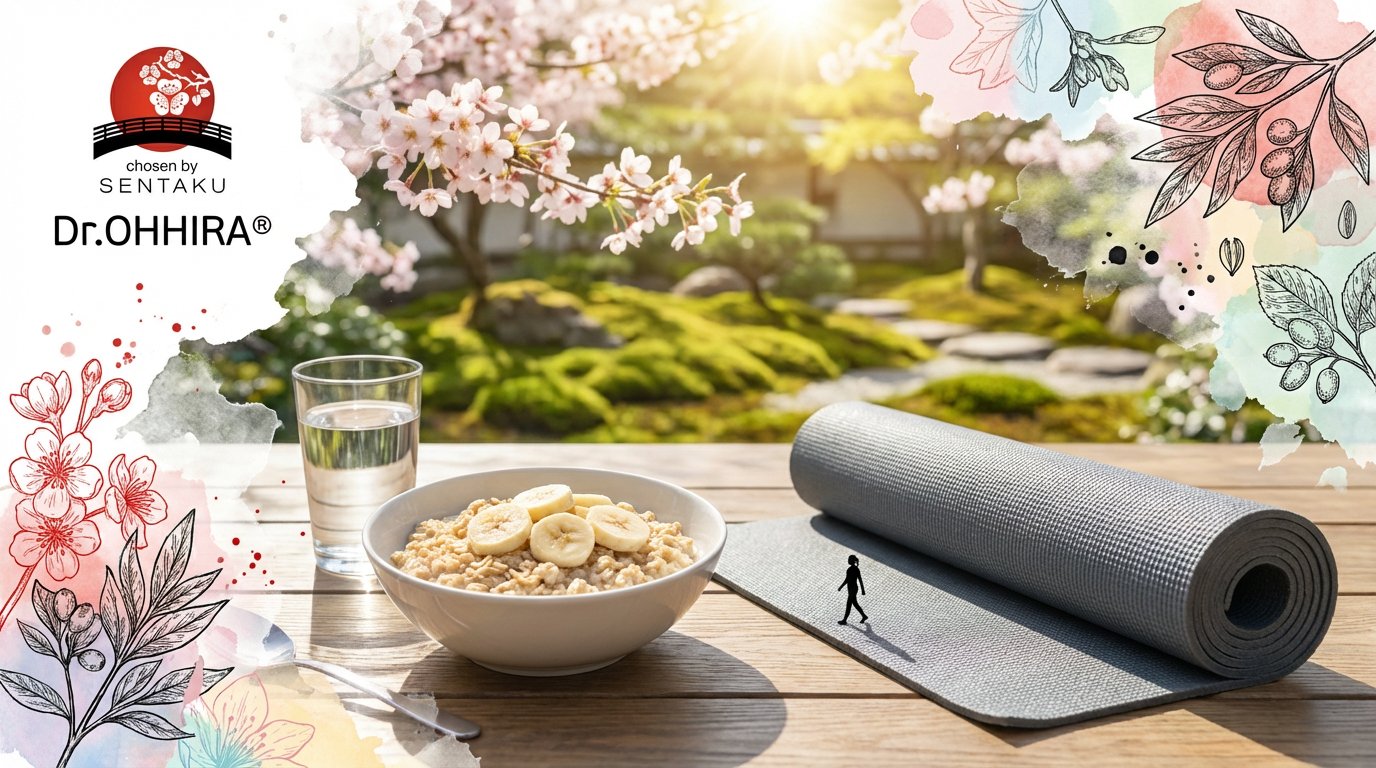 Kuvassa rauhallinen aamupala ja joogamatto ulkona, kirsikankukkia ja Dr. Ohhiran logo.