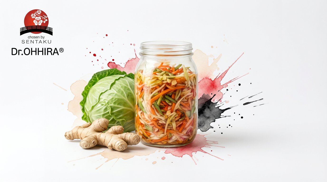 Purkki fermentoituja kasviksia, kaali ja inkivääriä. Taustalla Dr.OHHIRA-logo ja vesiväriroiskeita.