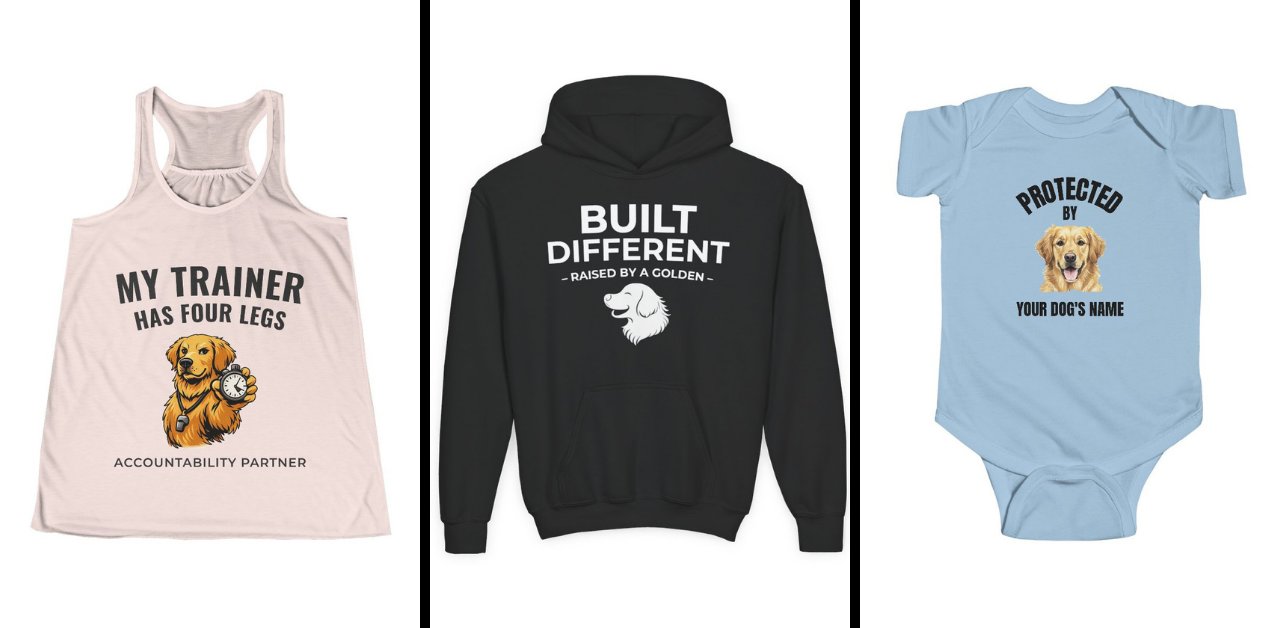 Three dog-themed apparel items: a pink tank top, black hoodie, and blue baby onesie, all featuring Golden Retrievers.