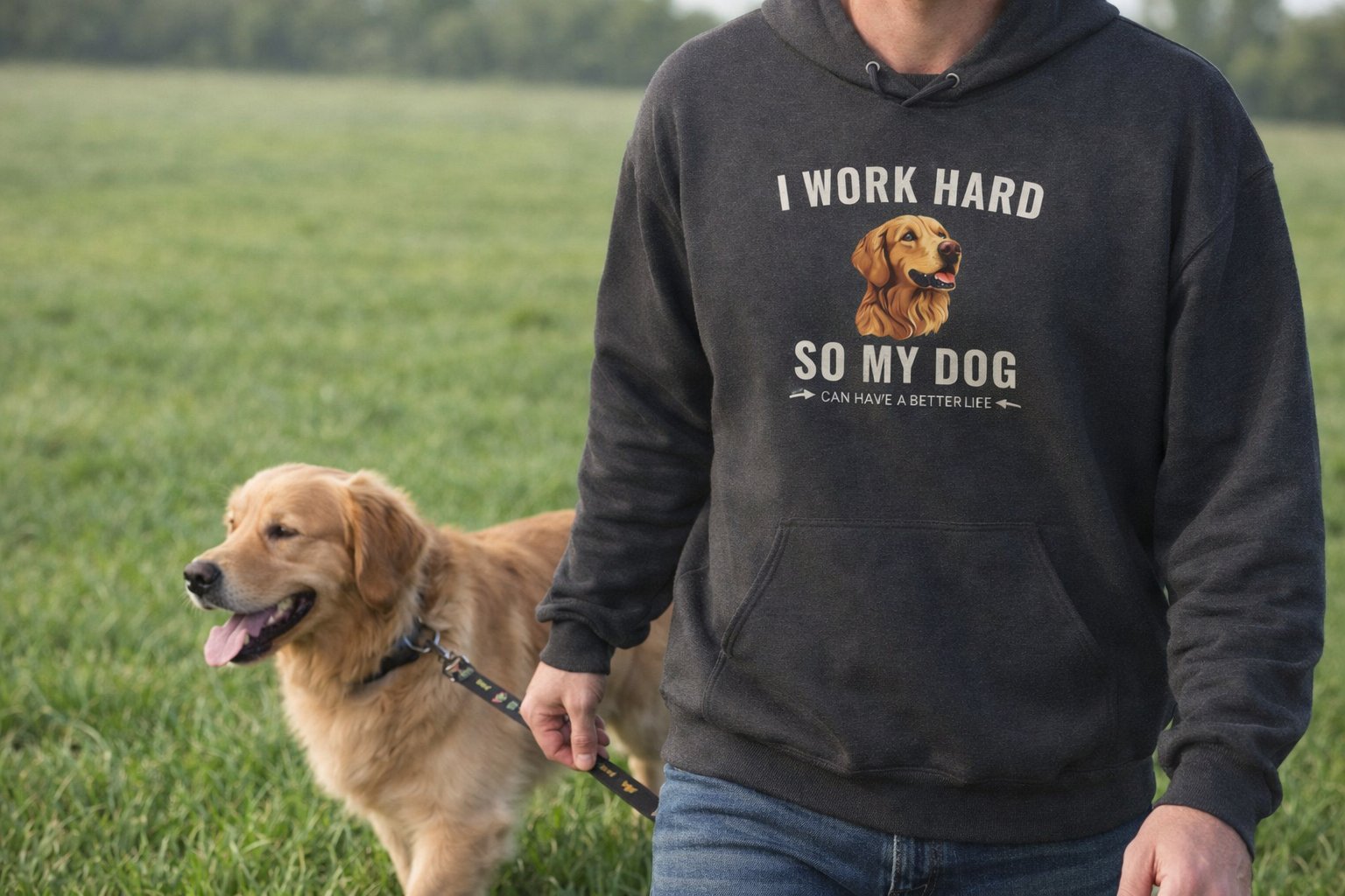 Person in a dog-themed hoodie walks a happy Golden Retriever in a green field.