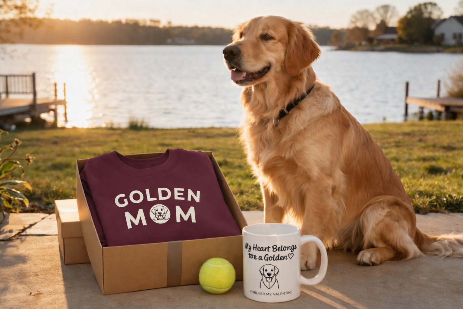 A Golden Retriever sits by a lake next to a 'Golden Mom' sweatshirt, tennis ball, and 'My Heart Belongs to a Golden' mug.